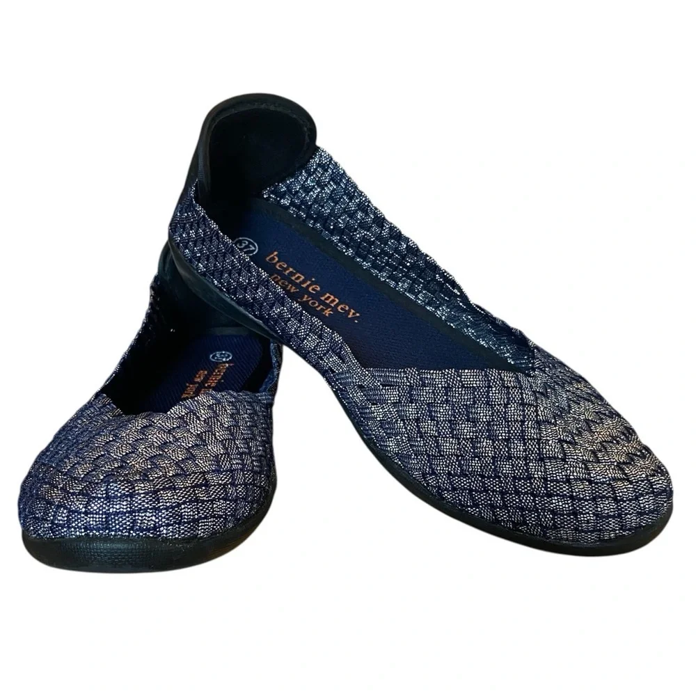 BERNIE MEV Catwalk Ballet Flats Woven Stretch Navy Shimmer Women US 6.5 EU 37